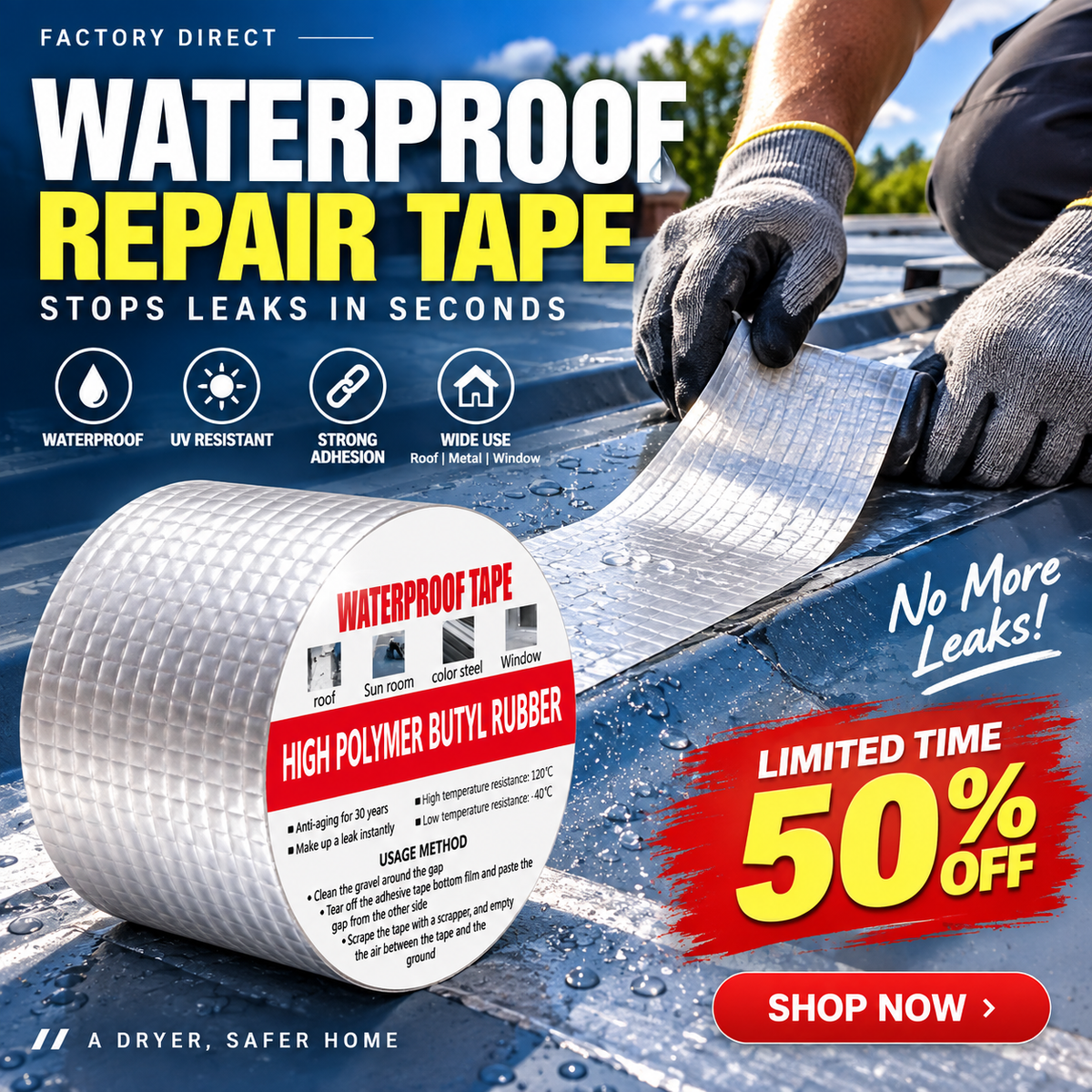 🛡️ 50% DI SCONTO ORA! 💧 Nastro impermeabile in foglio di alluminio, adesivo butilico, sigillatura immediata e resistente alle intemperie, per riparare tetti, tubi e auto 🔧
