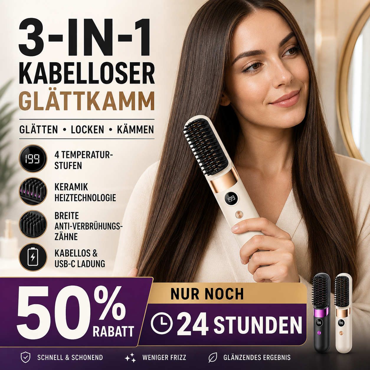 💇‍♀️🔥 Spazzola Lisciante 3-in-1 Senza Fili – liscia, arriccia, districca – USB-C, 4 livelli – capelli perfetti ovunque! ✨